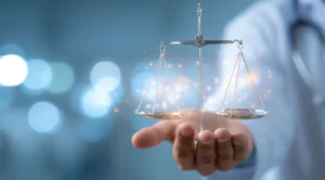 Ein Arzt hält eine Waage, die für die Rechte in der außerklinischen Intensivpflege steht. Der Hintergrund ist blau.