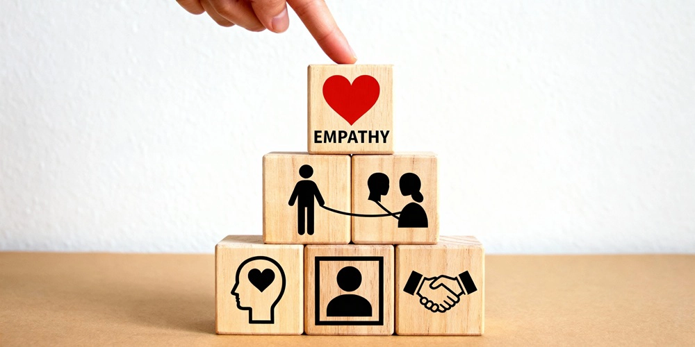 Eine Frau zeigt auf Bauklötze die für Empathie in der häuslichen Intensivpflege stehen.